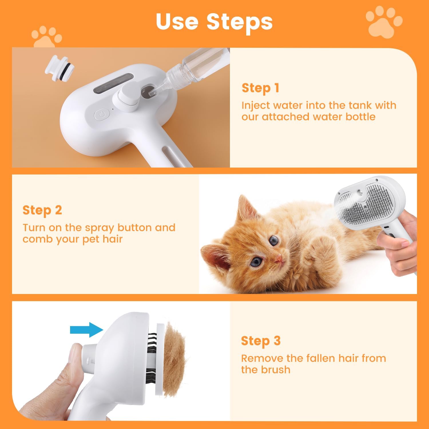 White pet steam spray brush with attached water tank/bottle for grooming