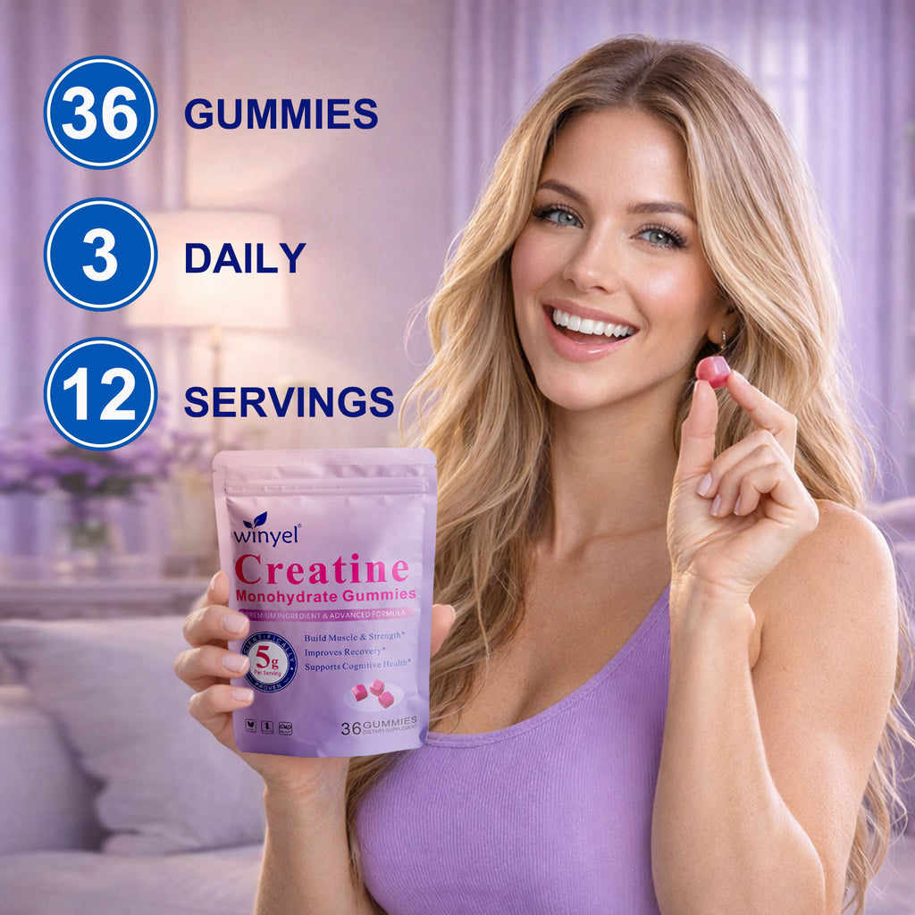 Woman holding creatine monohydrate gummies pouch with 36 gummies and daily servings text