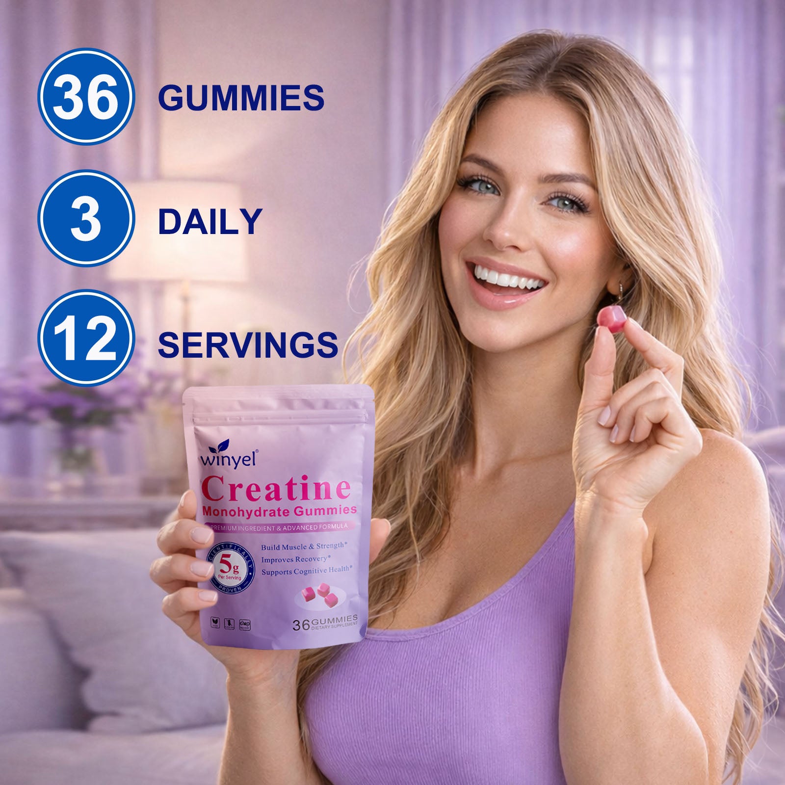 Woman holding creatine monohydrate gummies pouch with 36 gummies and daily servings text