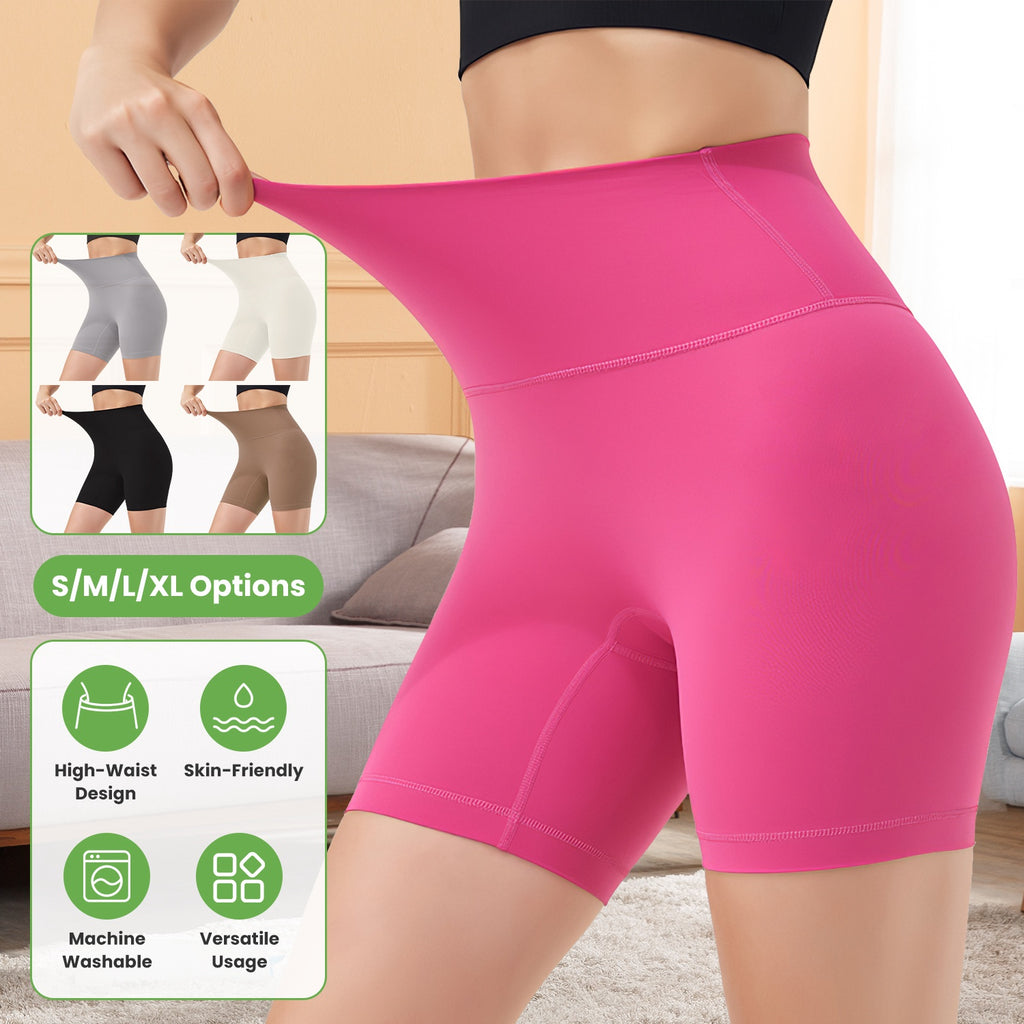 Pink high-waist biker shorts with tummy control, mid-thigh length, side view