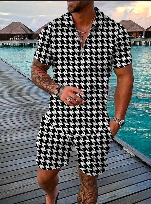Houndstooth athletic set with short-sleeve half-zip top and matching training shorts