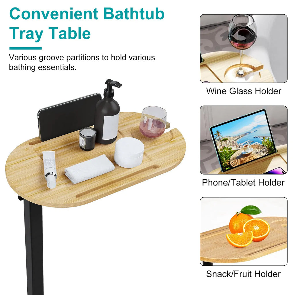 Bamboo bathtub tray caddy with grooved sections for phone, wine glass, and snacks
