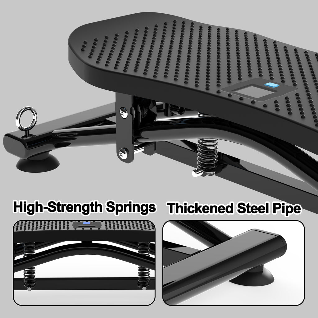 Black sliding ski simulator platform with perforated deck, springs, and steel curved frame