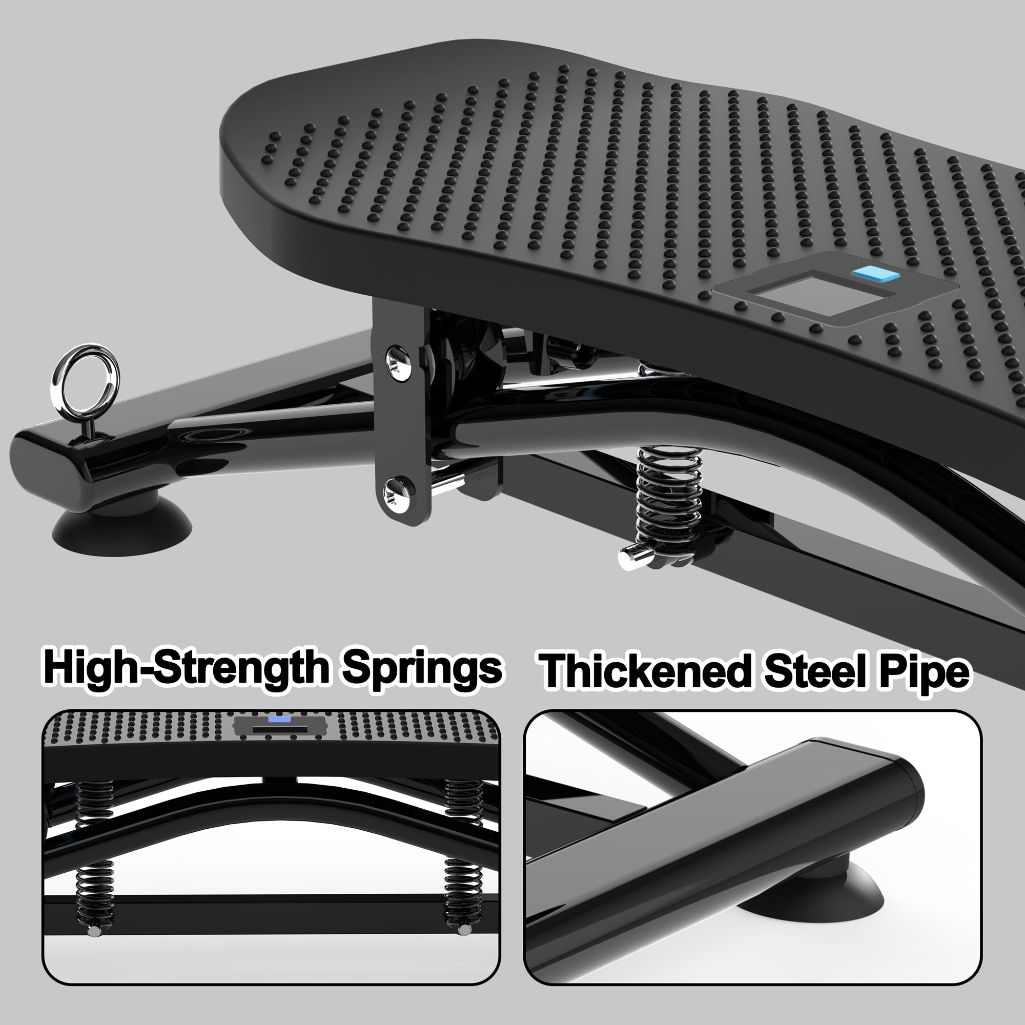 Black sliding ski simulator platform with perforated deck, springs, and steel curved frame