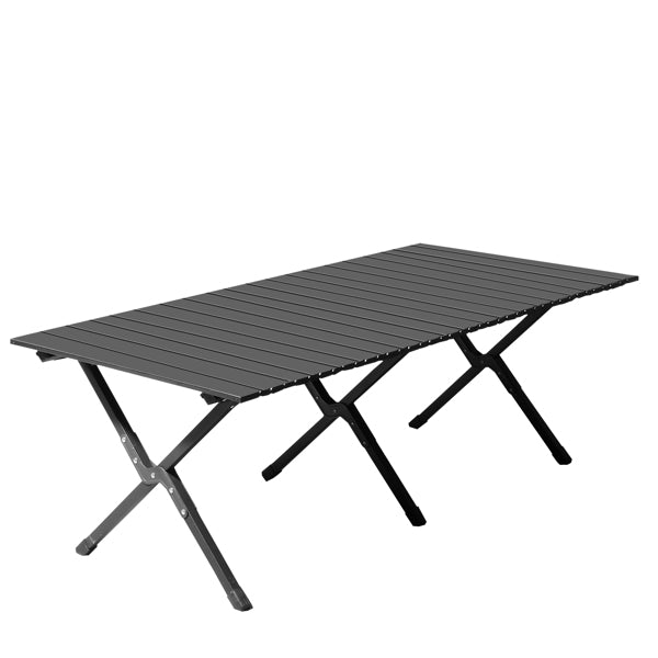 Black foldable camping roll table with ribbed tabletop and cross-leg stand