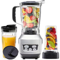 Silver countertop blender setup with clear blending jar, juice cup, and go cup with lids