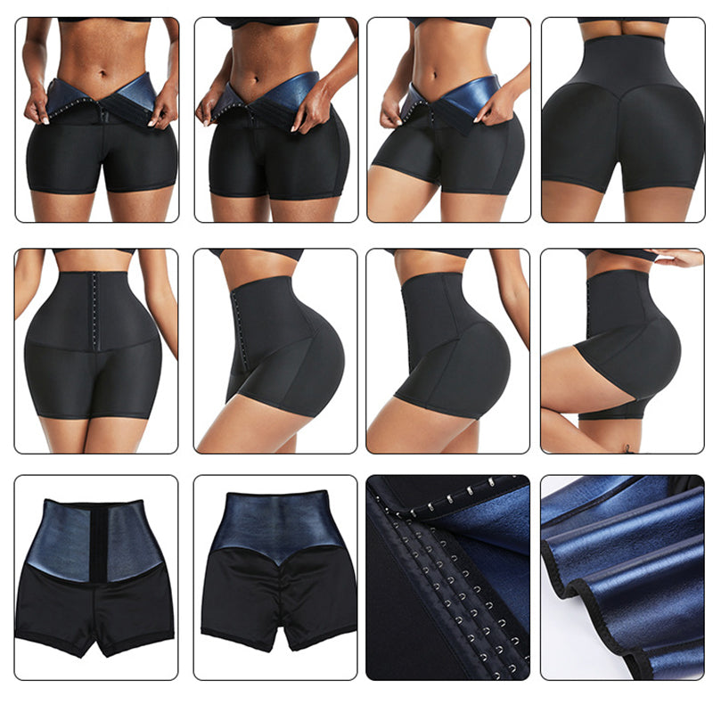 Waist trainer sauna shorts shown in black and blue with front hook waistband