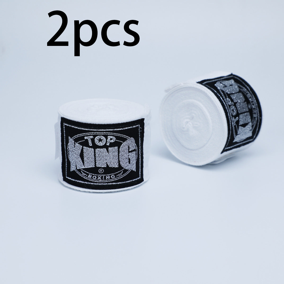 Pair of boxing hand wraps with Top KING logo, white wrist and knuckle protection bandages.