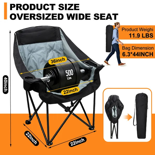 Oversized heated camping chair with black seat, wide frame and carrying bag, foldable legs