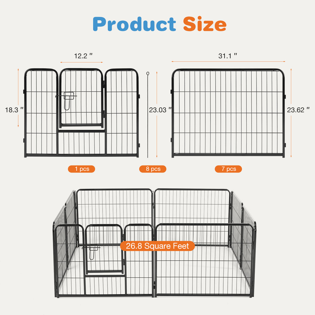 Product size chart for 8-panel 24 in indoor dog fence with single door gate