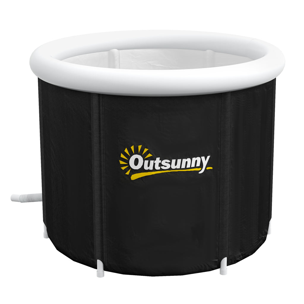 Black cold plunge tub with white inflatable thermo lid and white side support fittings