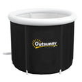 Black cold plunge tub with white inflatable thermo lid and white side support fittings