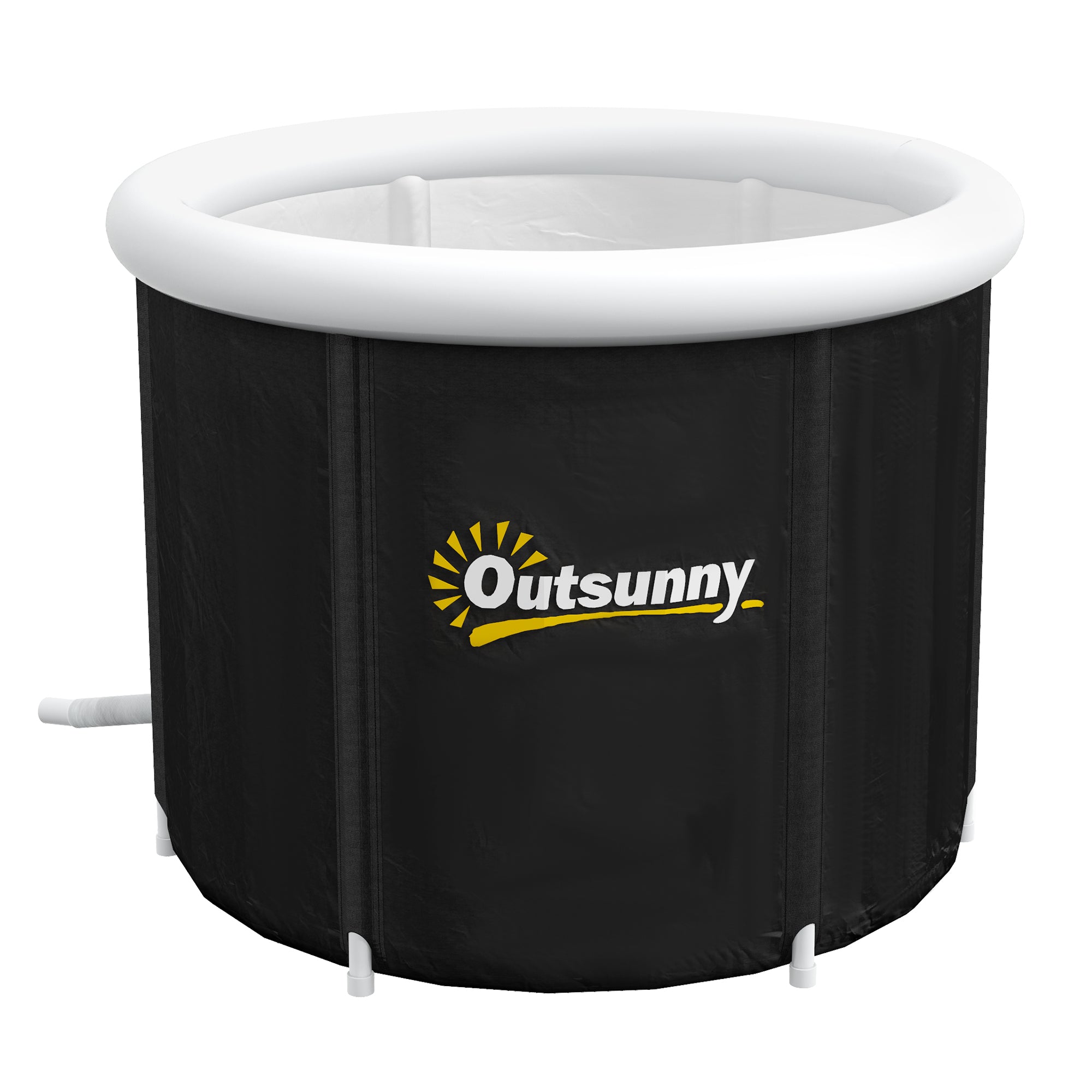 Black cold plunge tub with white inflatable thermo lid and white side support fittings