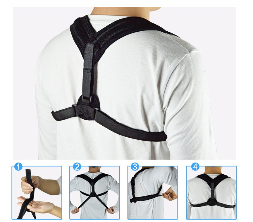 Posture support brace on white shirt, padded back panel with two side straps.