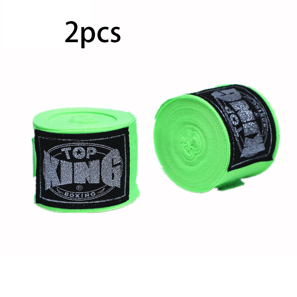 Pair of boxing hand wraps with Top KING logo, neon green wrist and knuckle bandages.