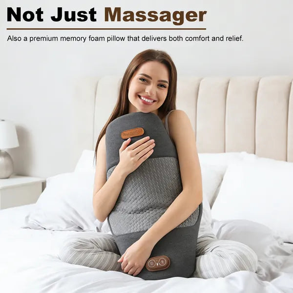 Dark grey memory foam lumbar massager pillow with embedded control pad