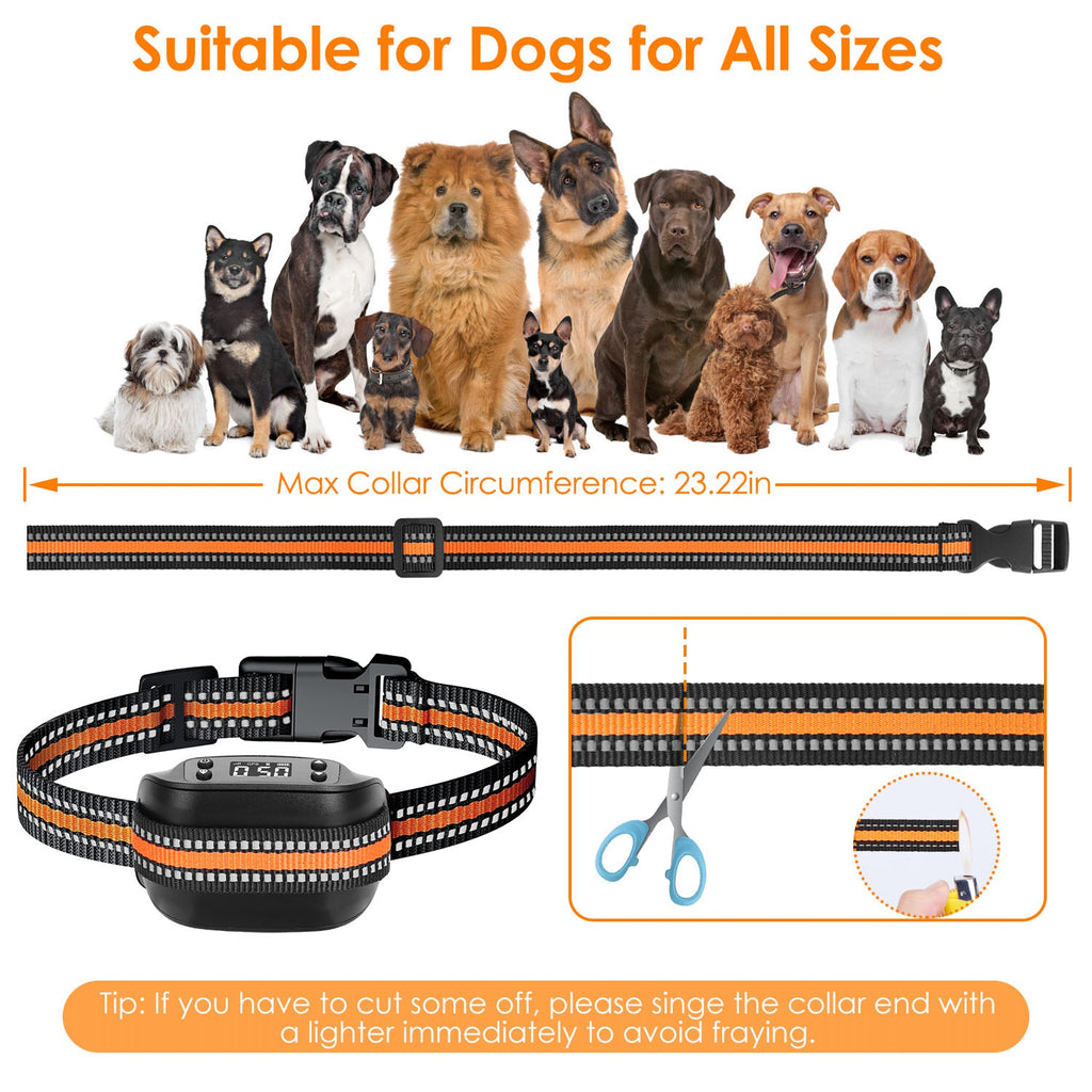 Adjustable woven dog collar strap with black GPS tracker receiver, orange and white stripes