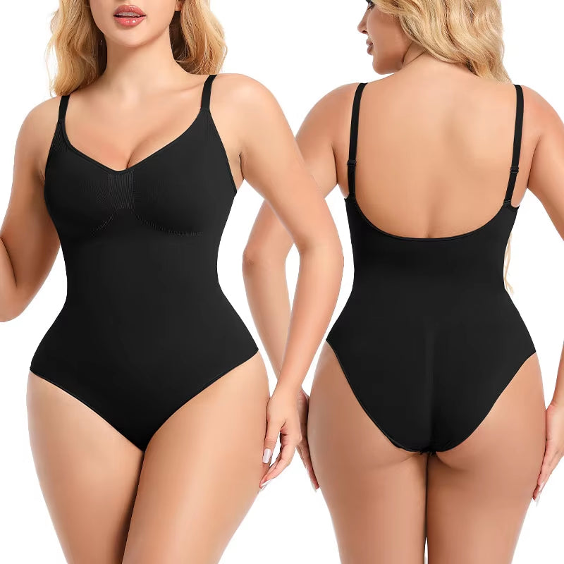 Black seamless bodysuit front and back views, camisole straps and high-cut leg