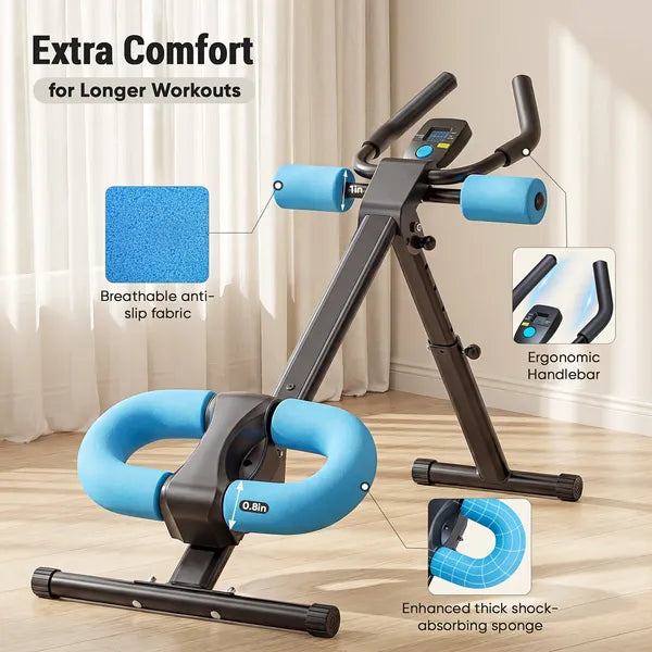 Adjustable ab machine with blue knee cushion pads and black frame, standing setup
