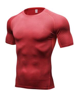 Red compression gym shirt with textured fabric and short sleeves