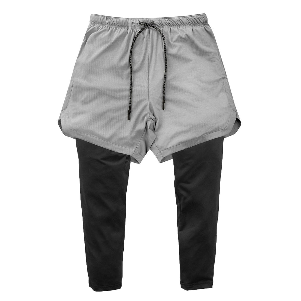 Men's double-layer running shorts in light grey: outer short layer with black long underlayer