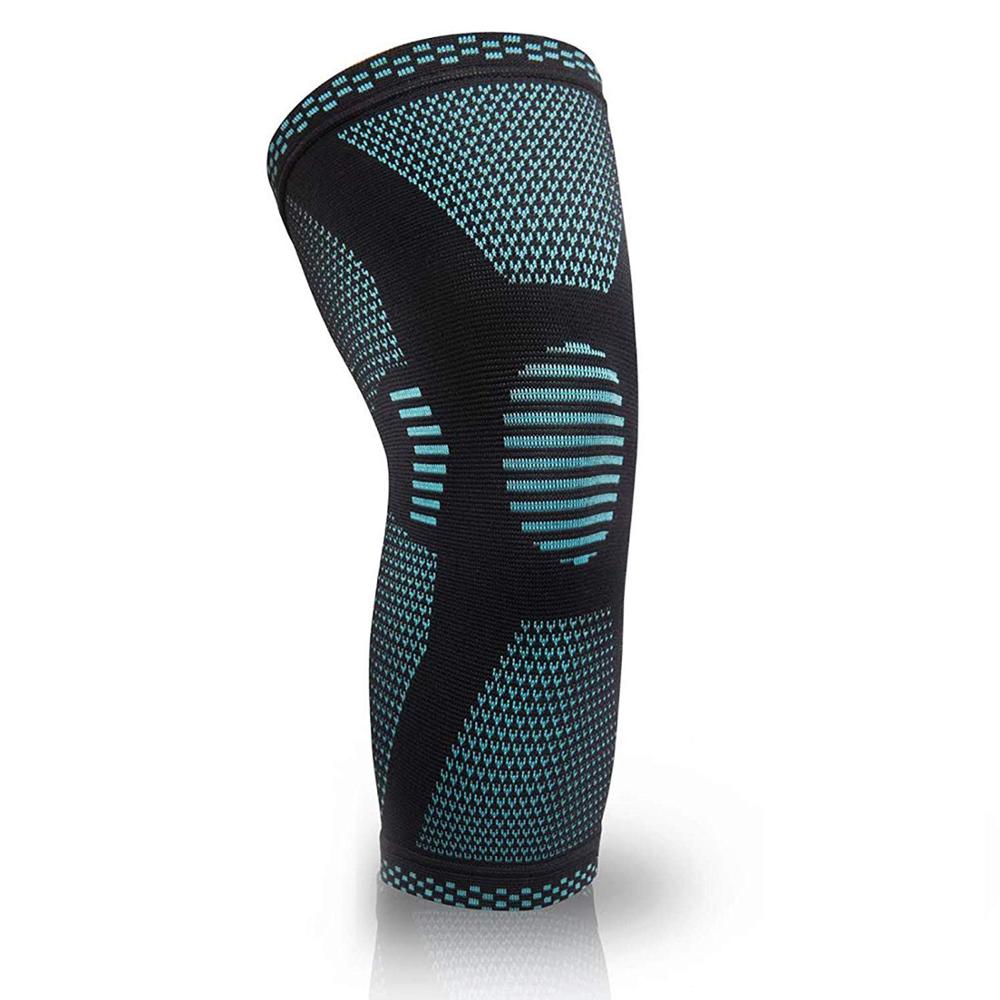 Black knee compression sleeve with teal textured paneling and ribbed support
