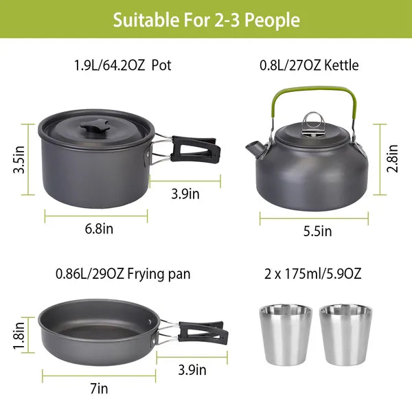 Camping cookware set sizes: grey pot and frying pan, kettle with measurements and cups