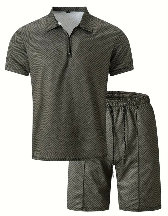 Olive green short-sleeve athletic set with zip placket and drawstring shorts
