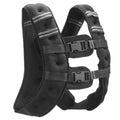 Black weighted training vest close-up with padded shoulders and double chest buckles.