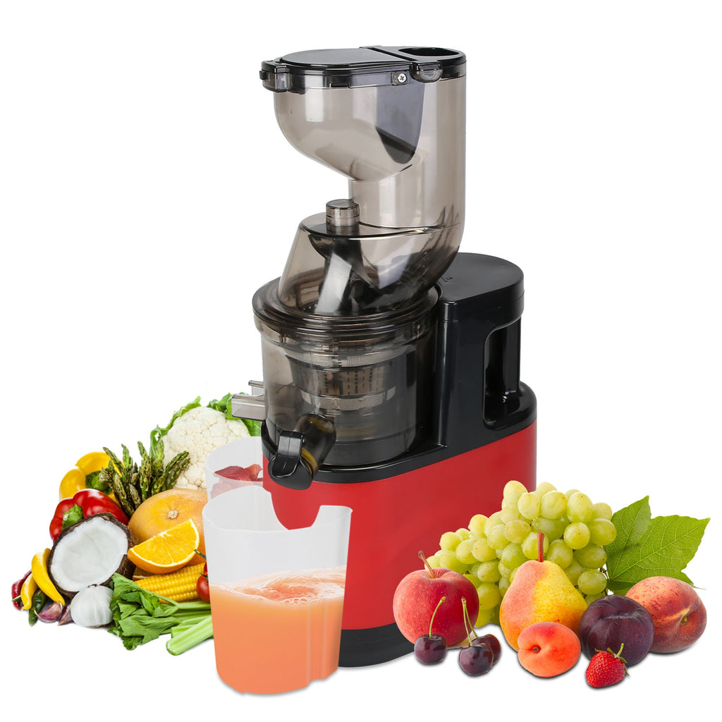 Red cold press juicer with clear lid, chrome spout, and juice cup on countertop.