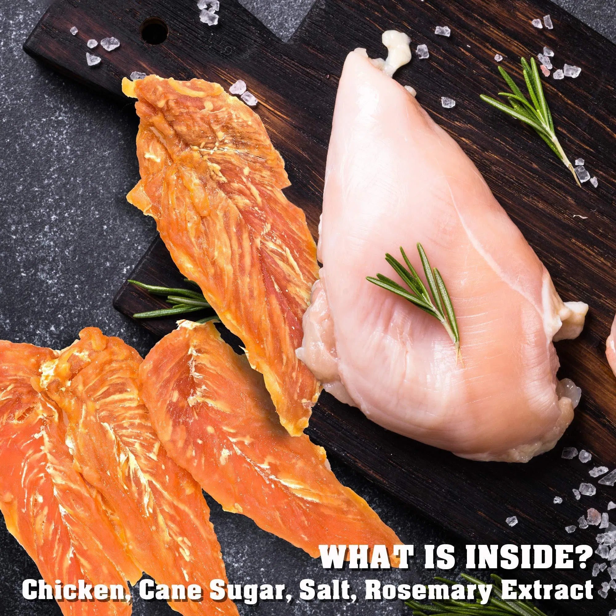 Chicken jerky slices with raw chicken piece; ingredients text shown at bottom