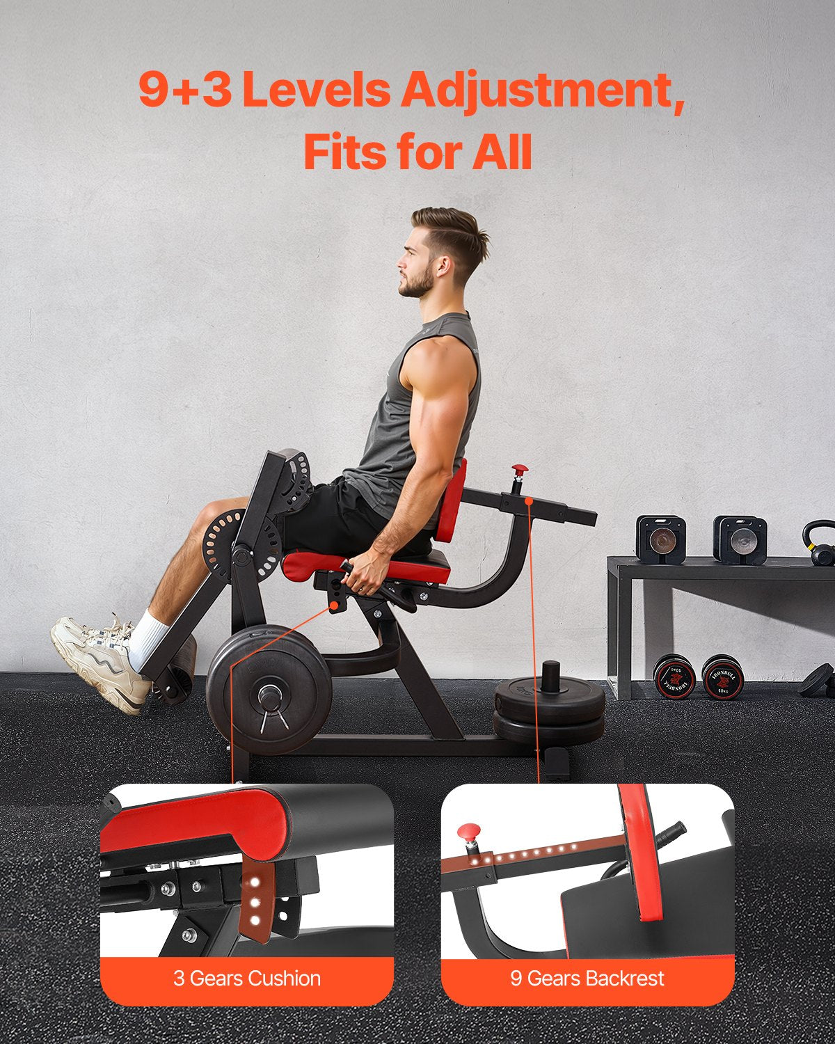 Adjustable leg extension and curl machine with red-cushioned pads and multi-position adjustment