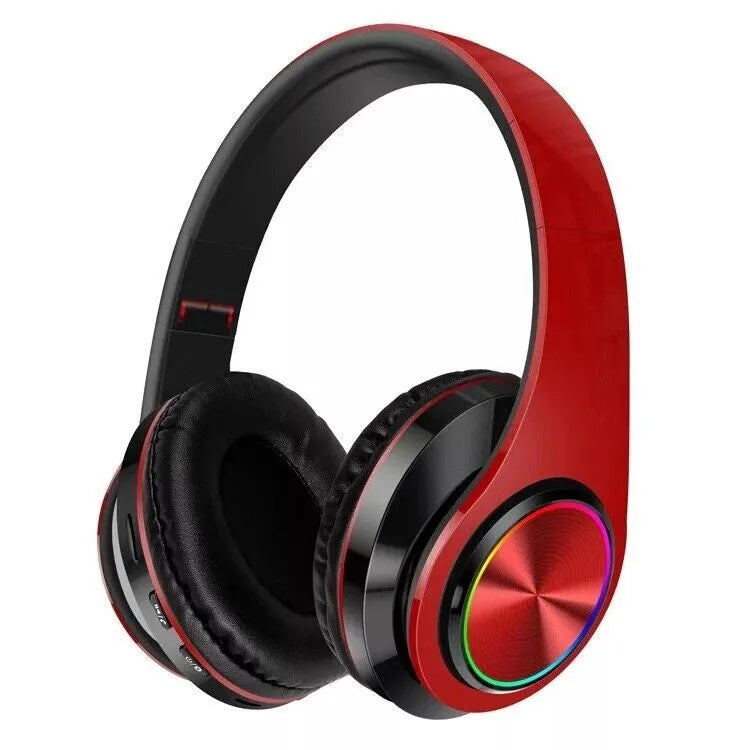 Red foldable wireless LED headphones with rainbow LED ring on ear cup