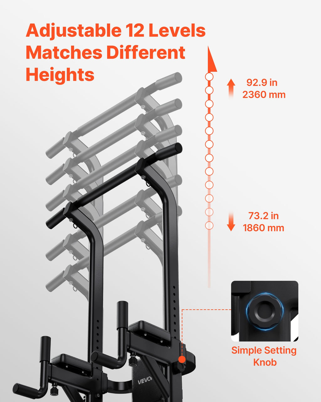 Power tower dip station with 12-position adjustable pull-up bar height