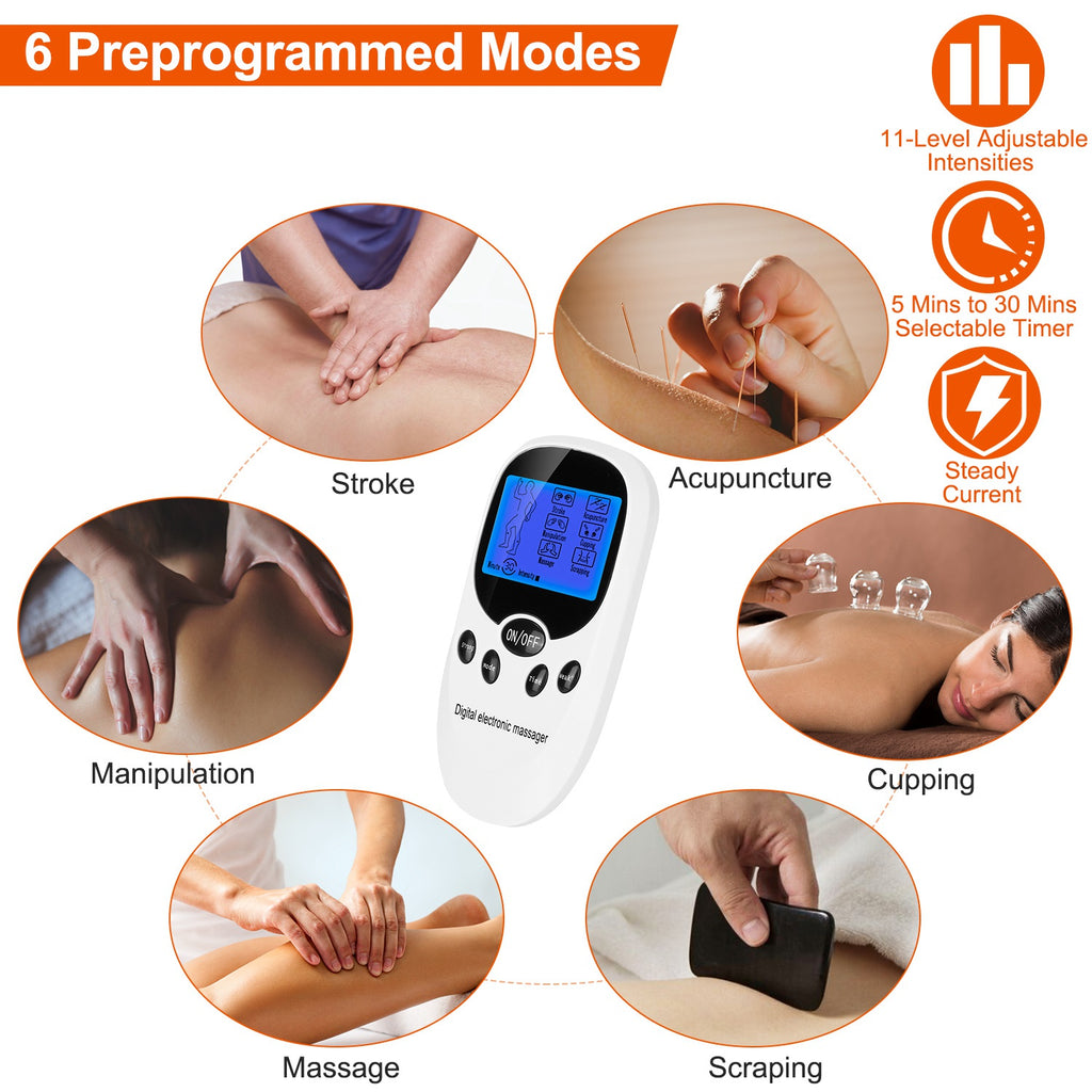 Recovery stimulator with 6 preprogrammed modes shown by mode icons