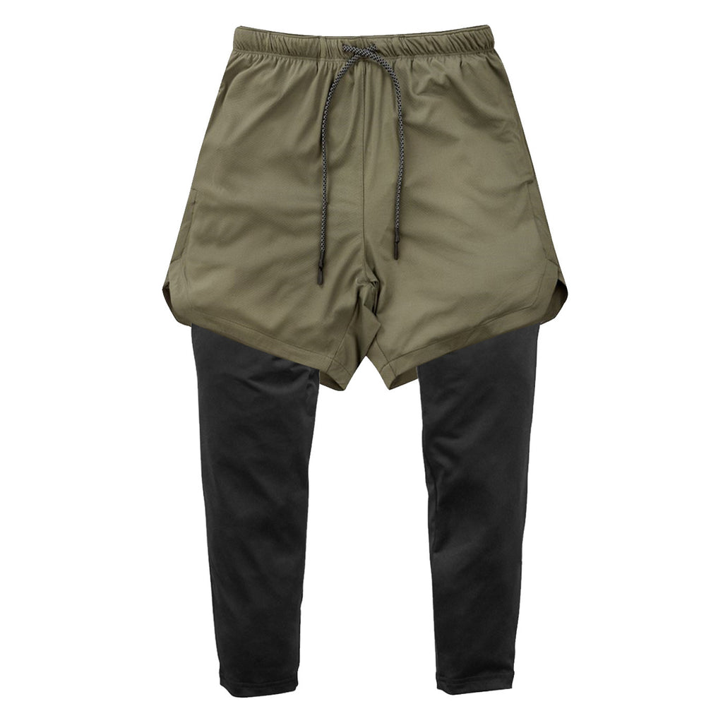 Men's double-layer running shorts in khaki: outer short layer with black long underlayer