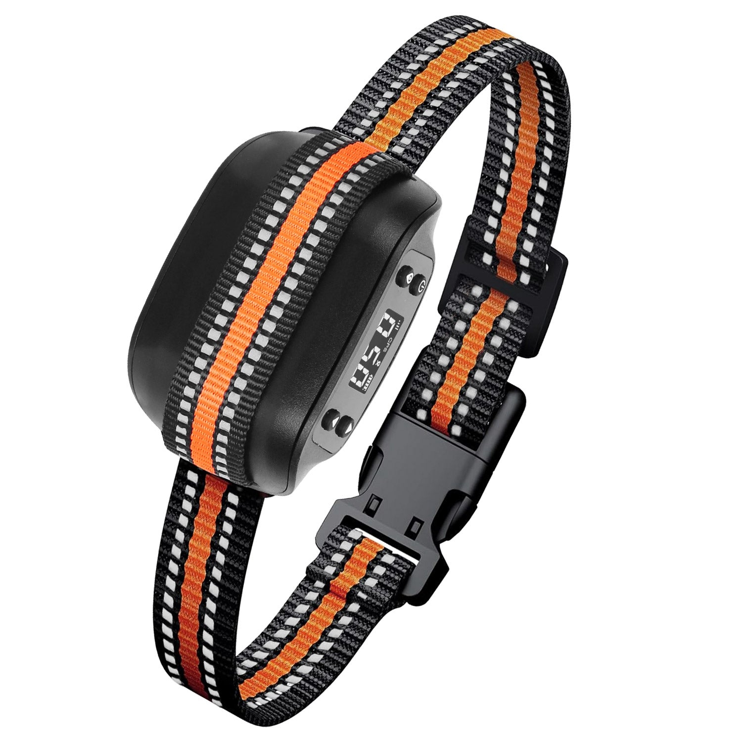 2-in-1 GPS dog fence collar and tracker: black receiver on orange-striped woven strap