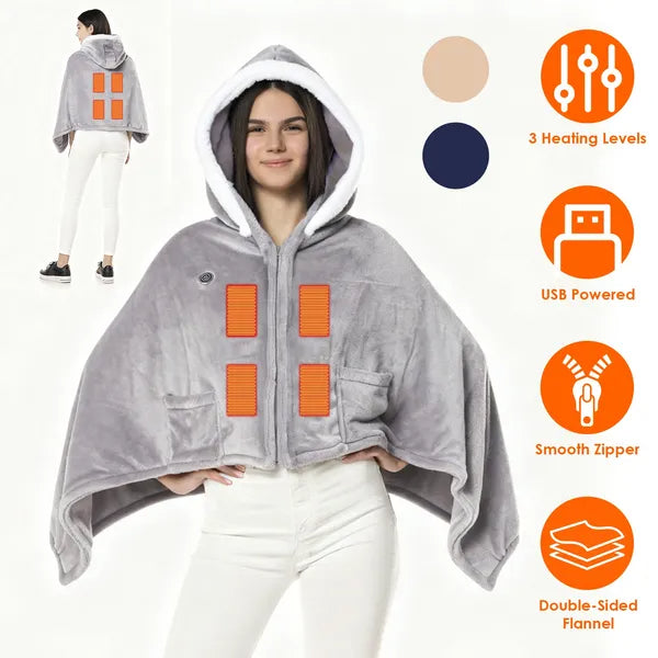Grey hooded heated throw blanket with front zipper and four orange heating panels