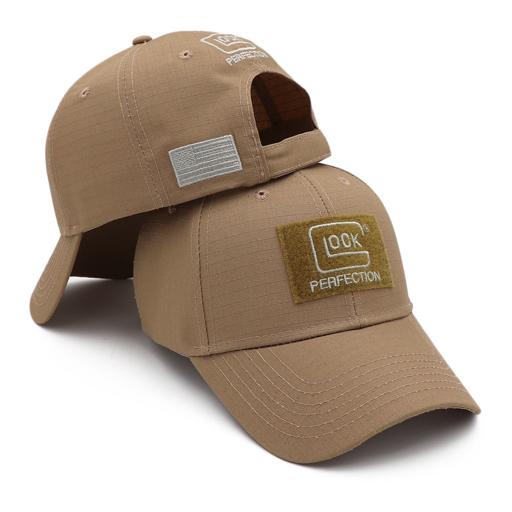 Khaki snapback baseball cap with front logo patch, curved brim, and stitched eyelets
