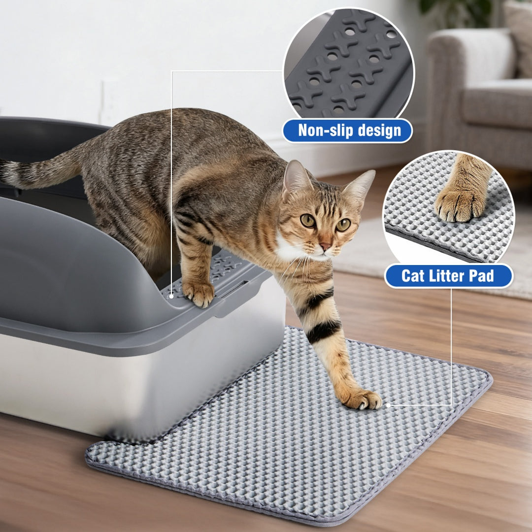 Covered cat litter box with black hood and stainless steel base, with textured litter mat