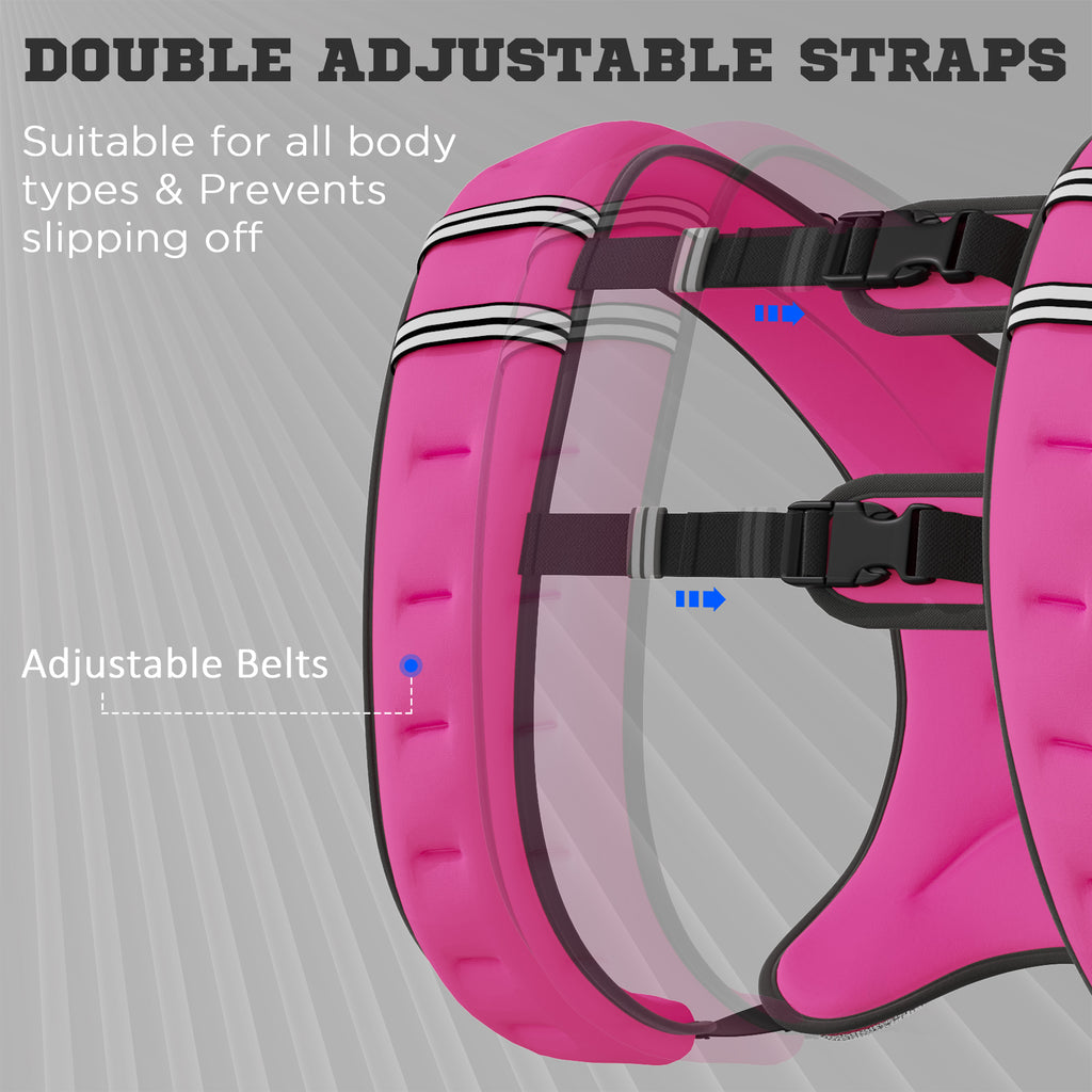 Pink weighted vest front with black double adjustable straps and buckle hardware