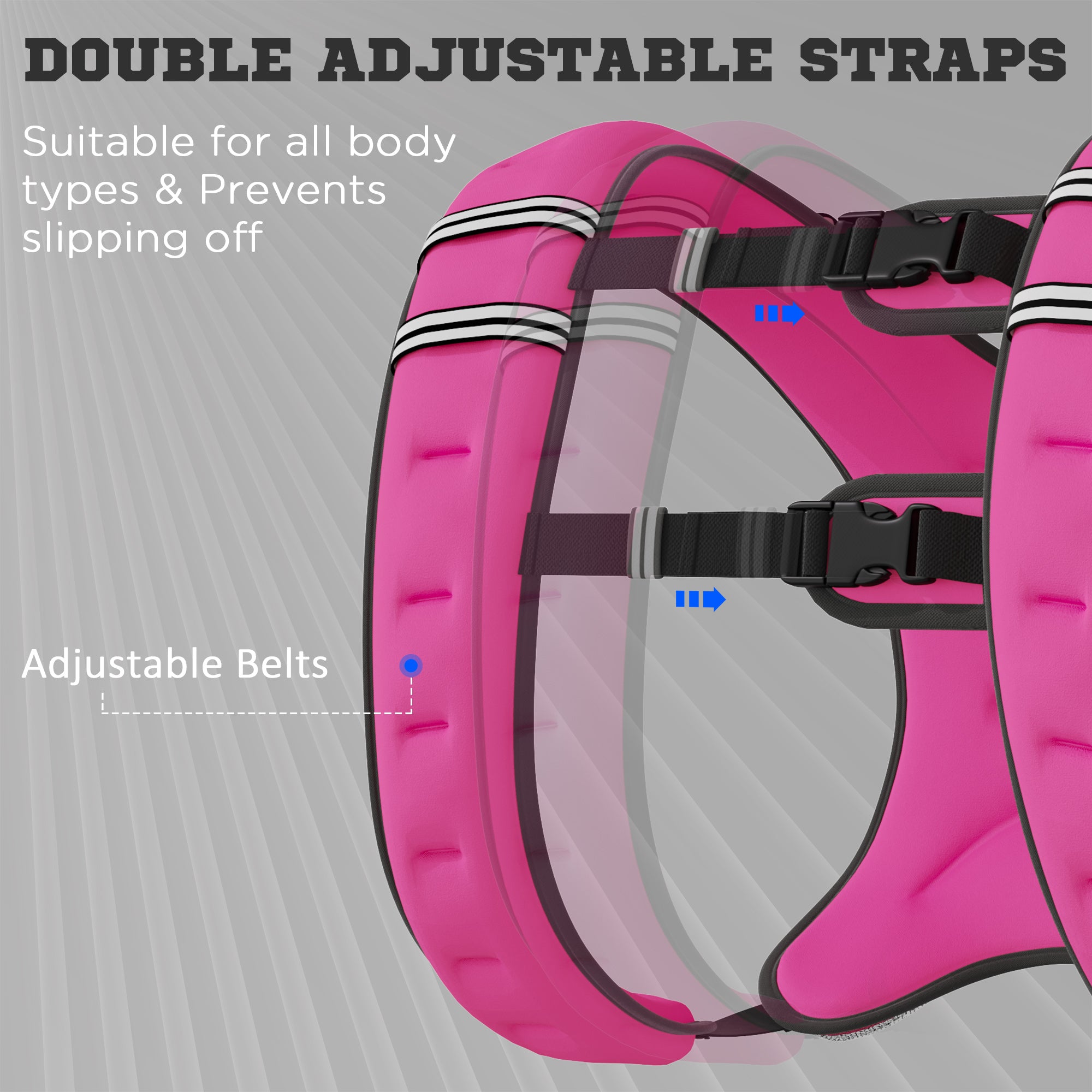 Pink weighted vest front with black double adjustable straps and buckle hardware