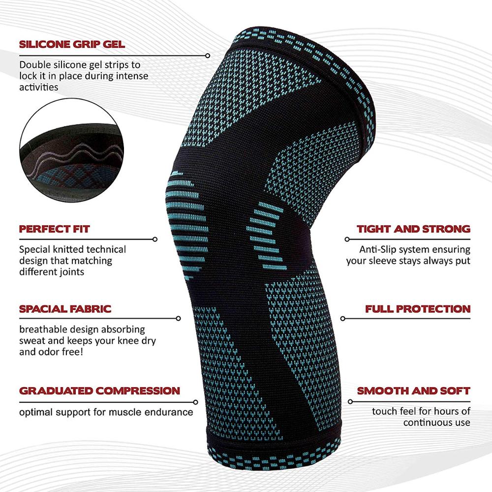 Black knee compression sleeve with teal patterned panels and anti-slip grip band