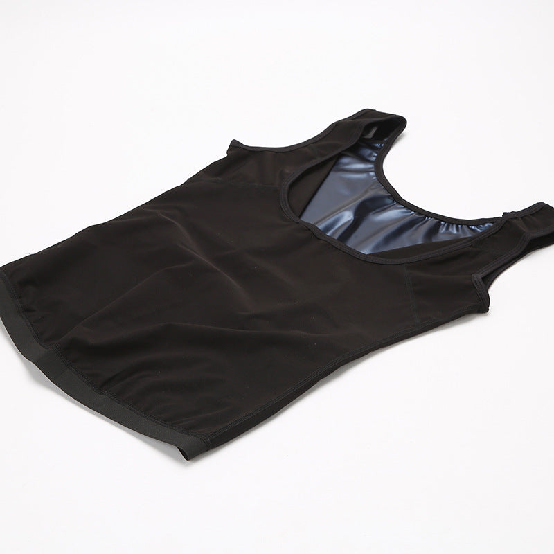Black neoprene sauna vest with blue lining, sleeveless design laid flat