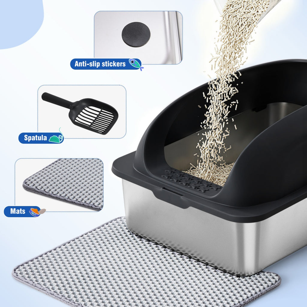 Cat litter box with lid with anti-slip mat and scoop; dark hood, stainless steel sides