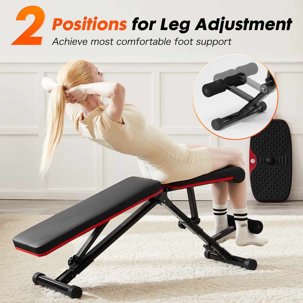 Adjustable fitness bench with two-leg adjustment positions and black foam foot support