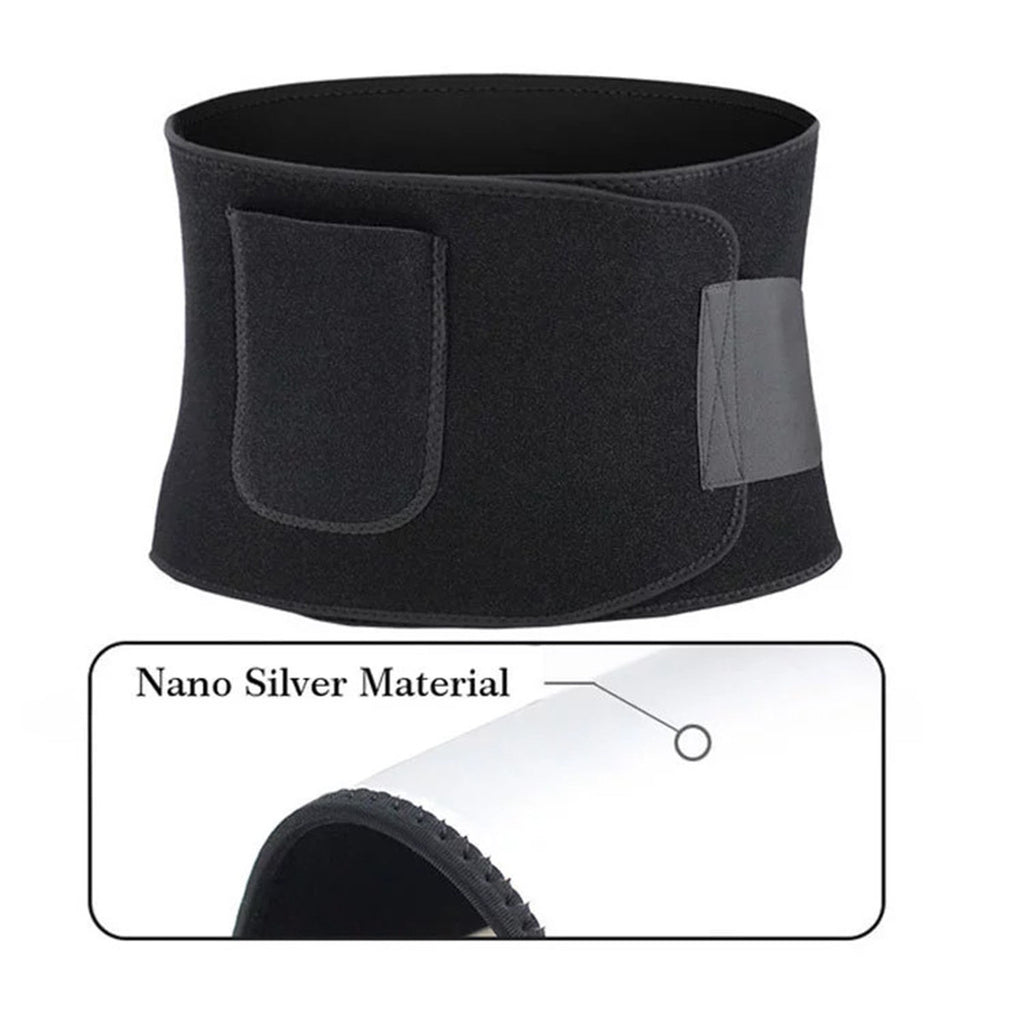 Black waist trimmer belt with nano silver material and adjustable strap close-up
