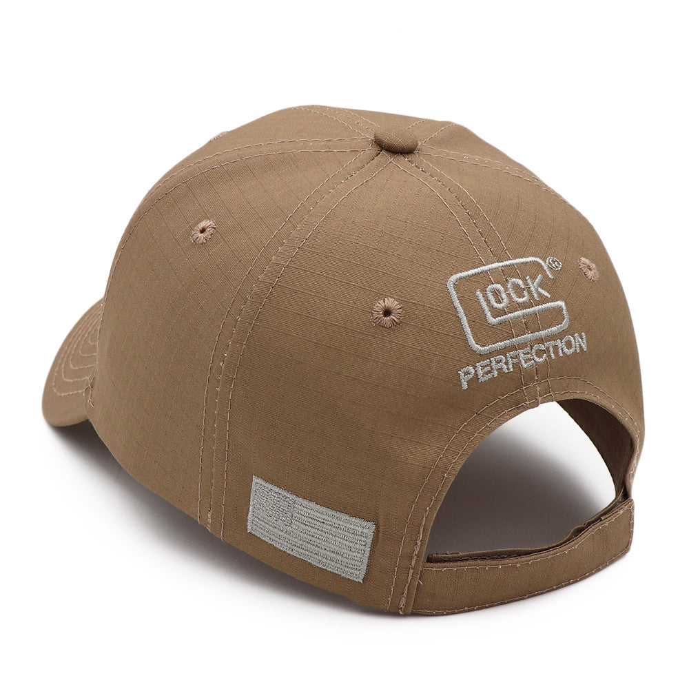 Khaki snapback baseball cap, side view with front logo patch and gray rectangular tag