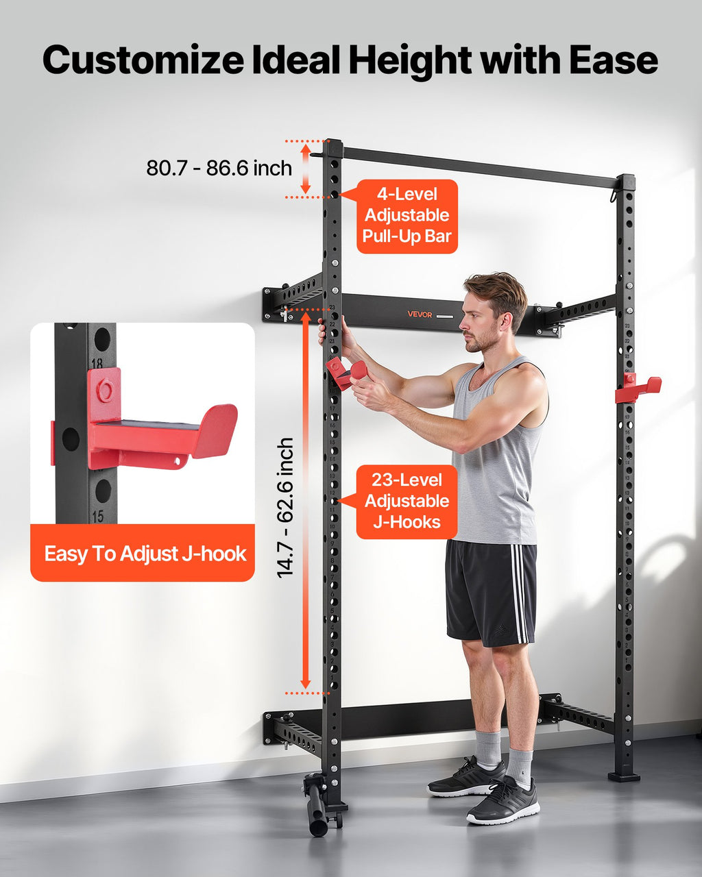 Adjustable black power cage with 4-level pull-up bar and J-hook height settings