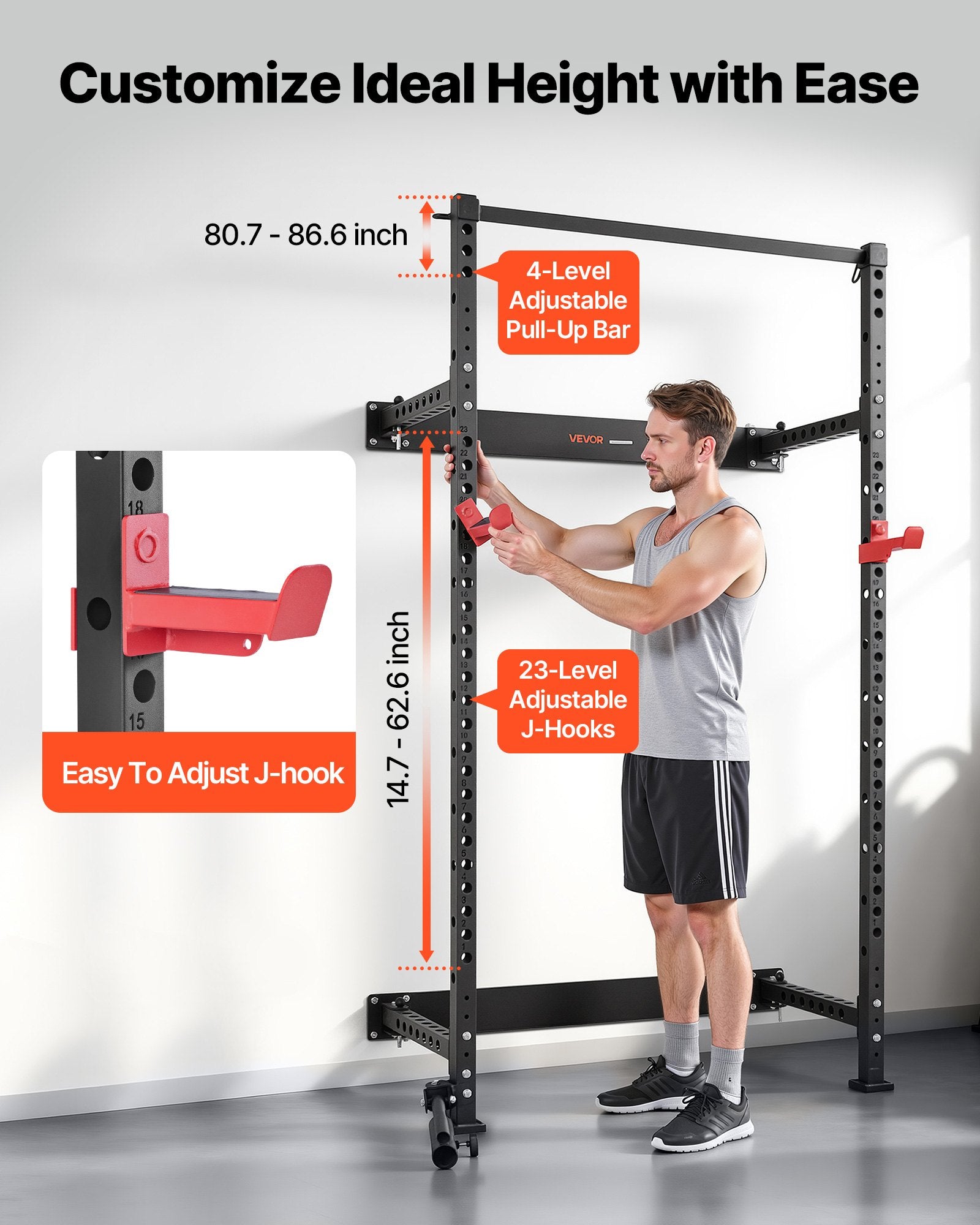 Adjustable black power cage with 4-level pull-up bar and J-hook height settings